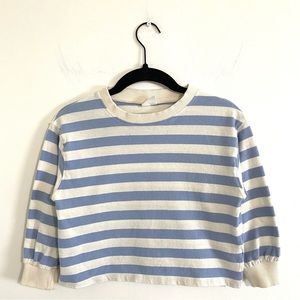 Zara Girls Ecru & Dusty Blue Stripe Cropped Crewneck Top Size 7